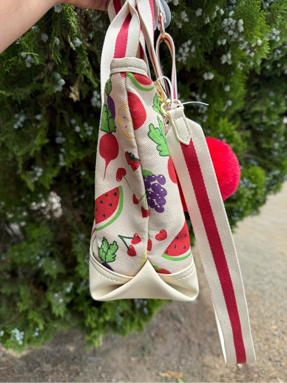 Betsey Johnson Cream Canvas Tote with Red Heart Pom and Fruit & Veggie Print - Picture 3 of 6